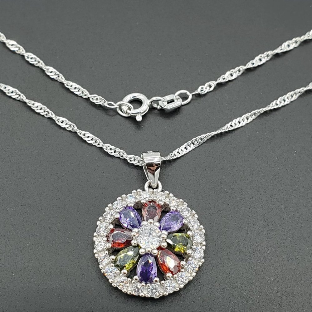 925 Solid Sterling Multi-Color Flower Pendant - image 4